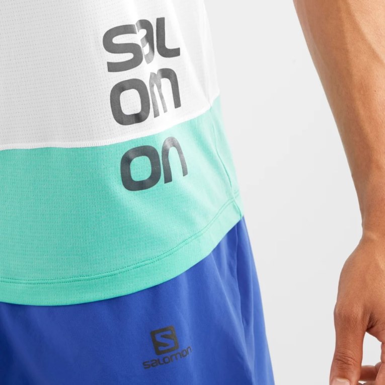 White / Turquoise Salomon Cross Run Graphic Men's Tanks | PH 26145S